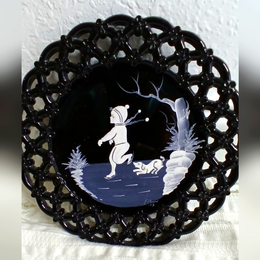 Antique Westmoreland Mary Gregory Black Glass Plate- Hand-Panted Ie Ska…